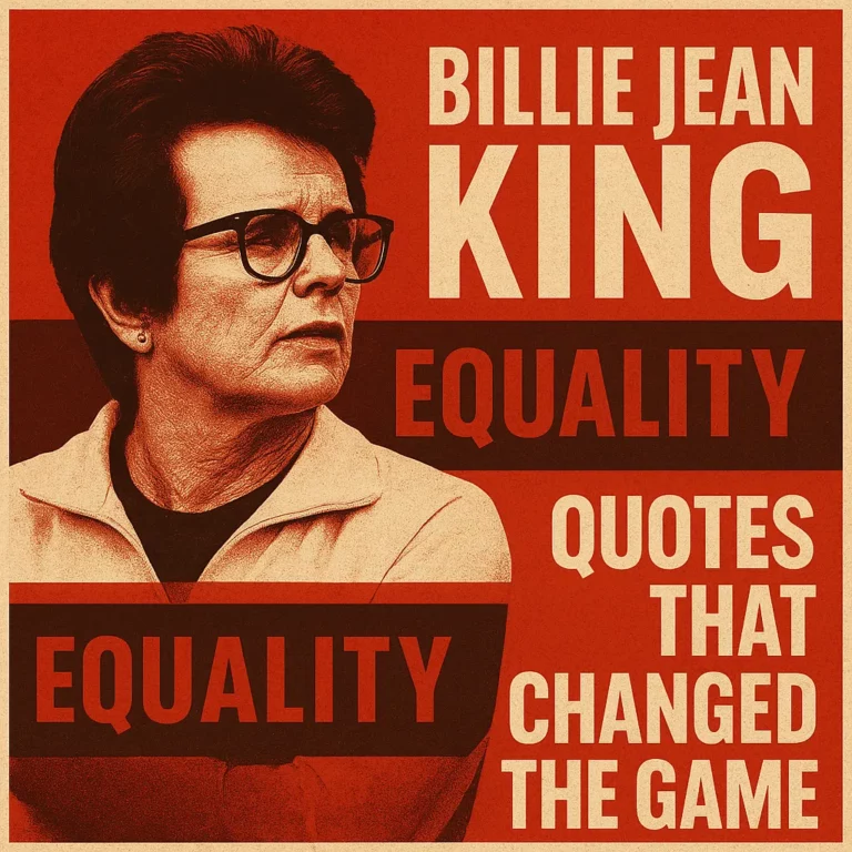 A graphic design image features Billie Jean King in a bold, vintage-style red and beige poster, with the word "EQUALITY" and empowering quotes around her.