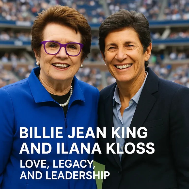 A photograph captures Billie Jean King and Ilana Kloss smiling side by side in a tennis stadium, symbolizing their legacy in sports and activism.