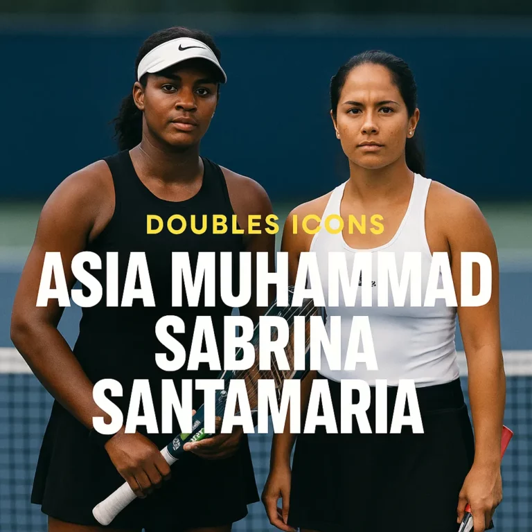Asia Muhammad and Sabrina Santamaria stand side by side on a tennis court with rackets in hand, under bold text reading “Doubles Icons.”