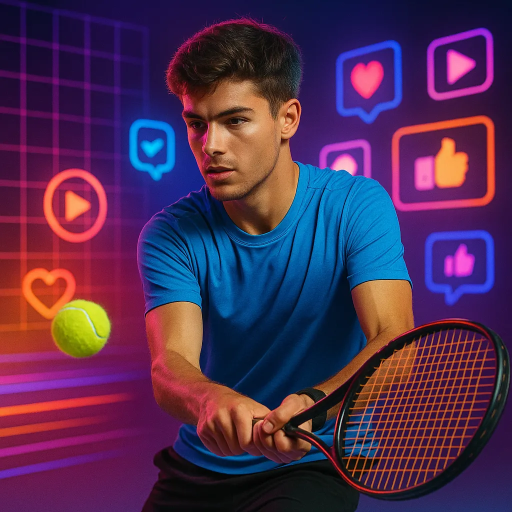 Young male tennis player in blue shirt hitting a ball in front of glowing social media icons, symbolizing Gen Z engagement with modern tennis.