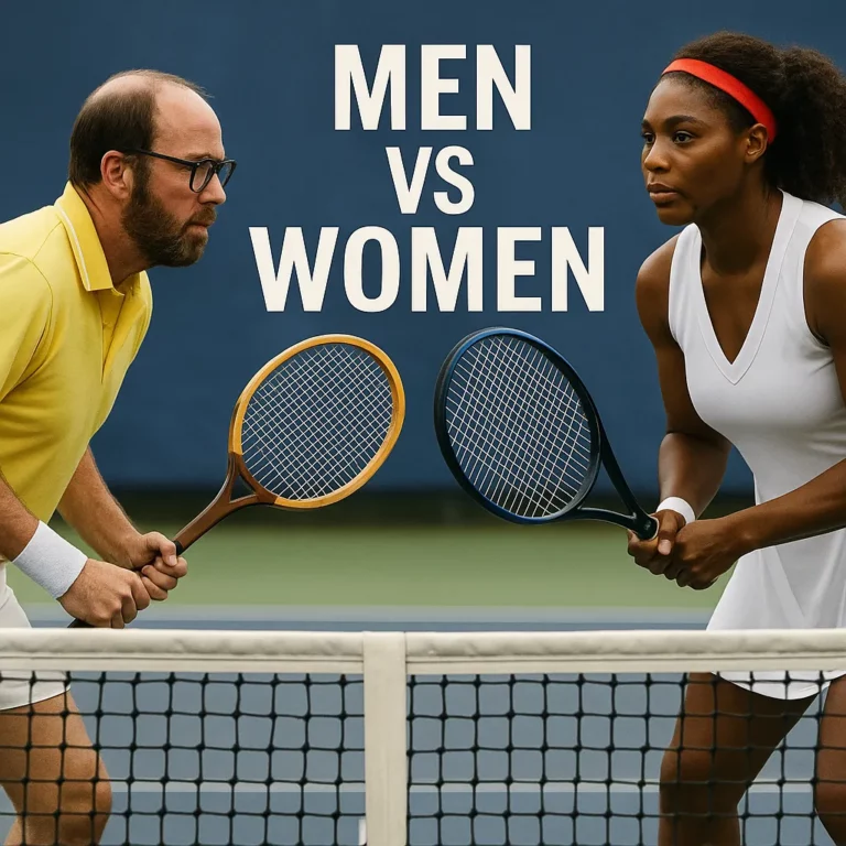 A male and female tennis player face off across the net in a tense match, with bold "MEN VS WOMEN" text above them on a blue court.