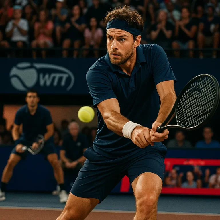 Focused male tennis player hitting a two-handed backhand during a World TeamTennis match with a dynamic crowd in the background.