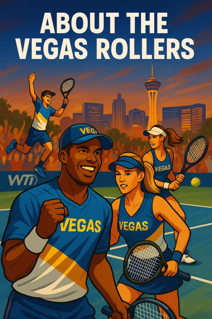 Tennis players wearing Vegas uniforms celebrate on court with Las Vegas skyline and crowd in the background under "About the Vegas Rollers" title.