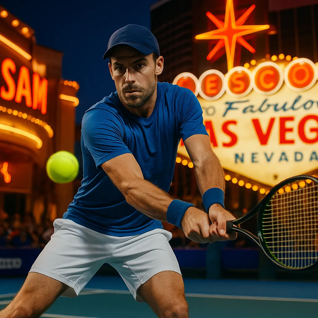 Male tennis player in action under neon Las Vegas signs, swinging his racquet with focus during a night match in the city.