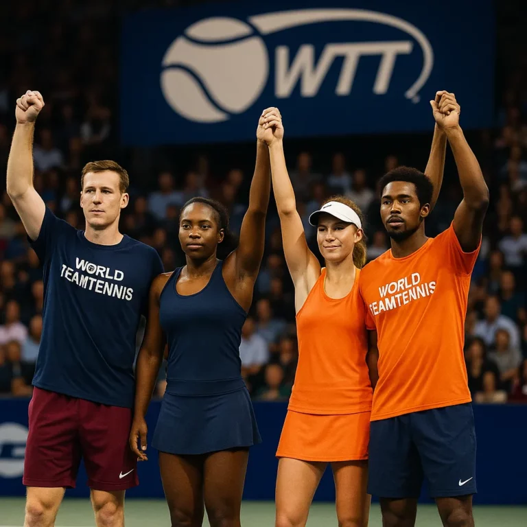Four World TeamTennis players—two men and two women—stand united on court, raising joined hands beneath a large WTT banner.